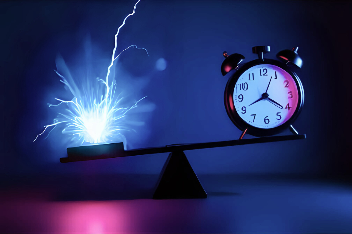 Concept image for the balancing of energy efficiency and time in refractive surgery phacoemulsification. A scale, with a laser beam of blue light on one side, and an analog alarm clock on the other side. The laser beam of blue light is surrounded by static. Created with Canva Magic AI.