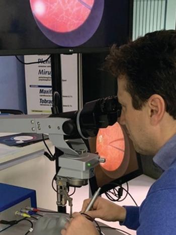 Figure. A surgeon trains using a vitreosurgical simulator.(Image courtesy of Marina Roizenblatt, MD, PhD)