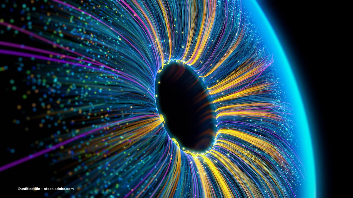 A close-up of a digitally-rendered eye with many shining strands leading into the iris. ©untitledtitle – stock.adobe.com