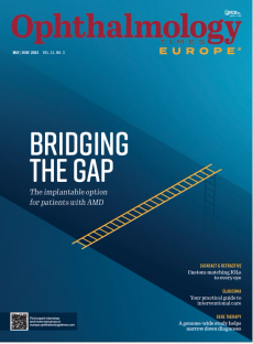 An image of a narrow bridge, with ladder-style slats, lying astride a large abyss or rift in the ground. The cover story for Ophthalmology Times Europe May/June 2025 issue is titled BRIDGING THE GAP: The implantable option for patients with AMD. Concept image for intraocular lens use in age-related macular degeneration, retina care and implant IOL surgery.