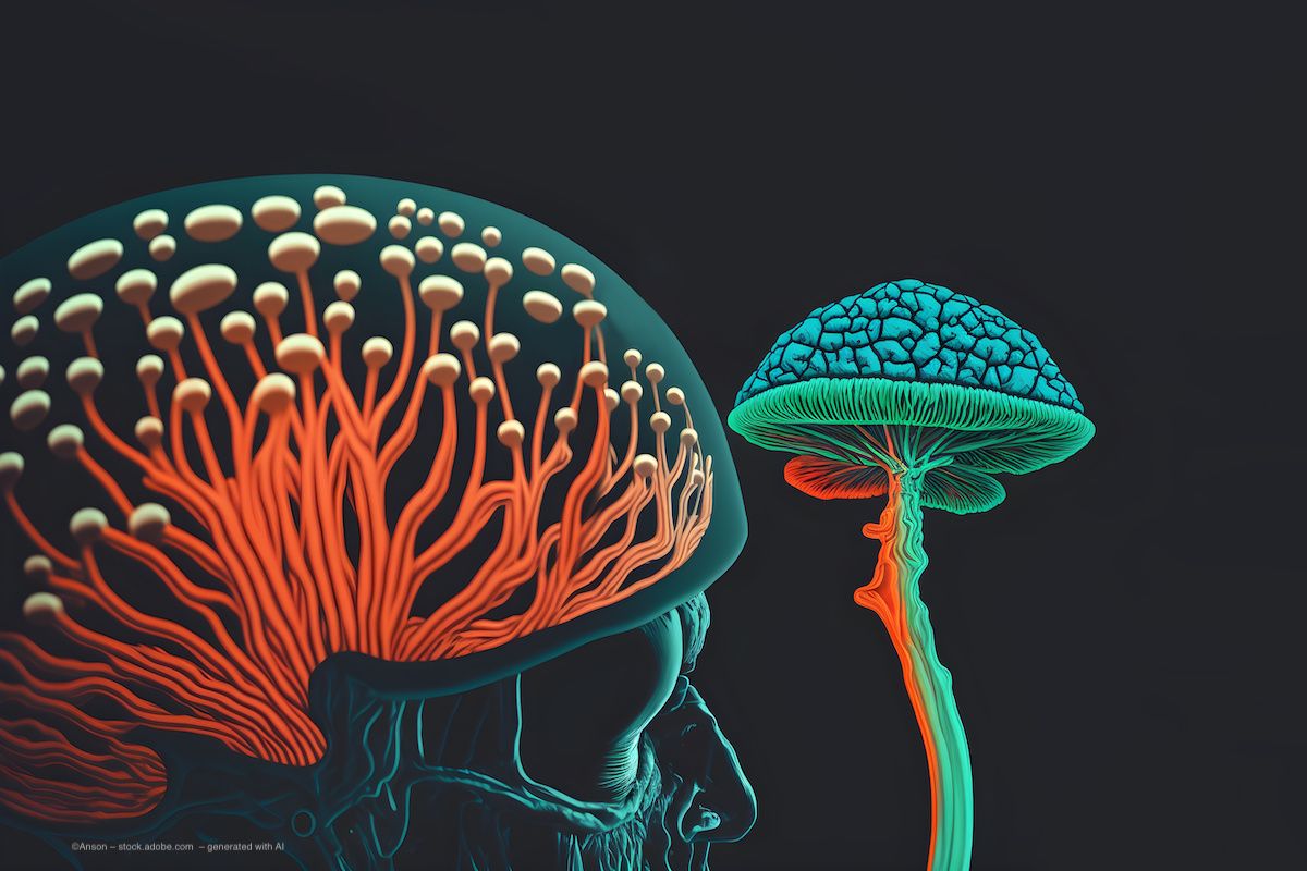 A brain and a fungus mushroom both depicted in illustration. Concept image for fungal infection and diabetic eye disease. Image credit: ©Anson – stock.adobe.com – generated with AI