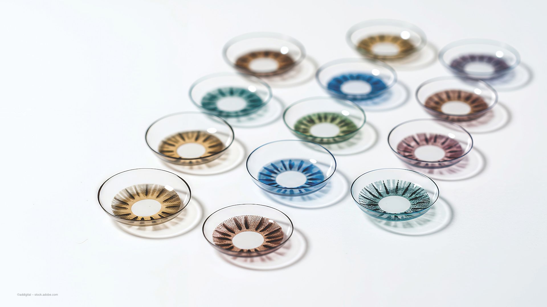 A series of coloured cosmetic contact lenses, all face-down on a white surface. Concept image for contact lens and keratopigmentation microbial keratitis rates. Image generated with AI. ©addigital – stock.adobe.com