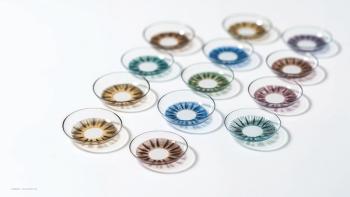 A series of coloured cosmetic contact lenses, all face-down on a white surface. Concept image for contact lens and keratopigmentation microbial keratitis rates. Image generated with AI. ©addigital – stock.adobe.com