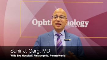 Sunir J. Garg, MD, a professor of ophthalmology at Wills Eye Hospital and a partner with Mid-Atlantic Retina in Philadelphia, Pennsylvania, speaks at the 2025 AAO meeting in front of an Ophthalmology Times and Modern Retina booth