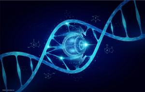 An illustrated eyeball inside a DNA helix. Image credit: ©Adisak – stock.adobe.com