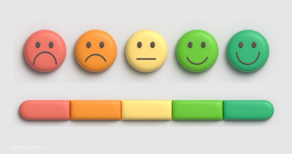 A row of faces represents a "satisfaction" scale, with a red frowny face at one end, a green smiley face at the other end, and a range of expressions in between. ©Piscine26 – stock.adobe.com