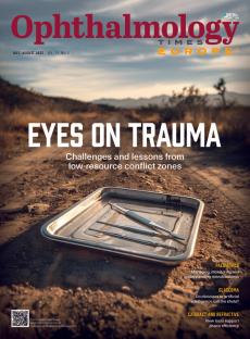 An image of metal tray with surgical tools on it, sitting on a dirt road in a destroyed, desolate war zone. The cover story for Ophthalmology Times Europe July/August issue is titled EYES ON TRAUMA: Challenges and lessons from low-resource conflict zones.