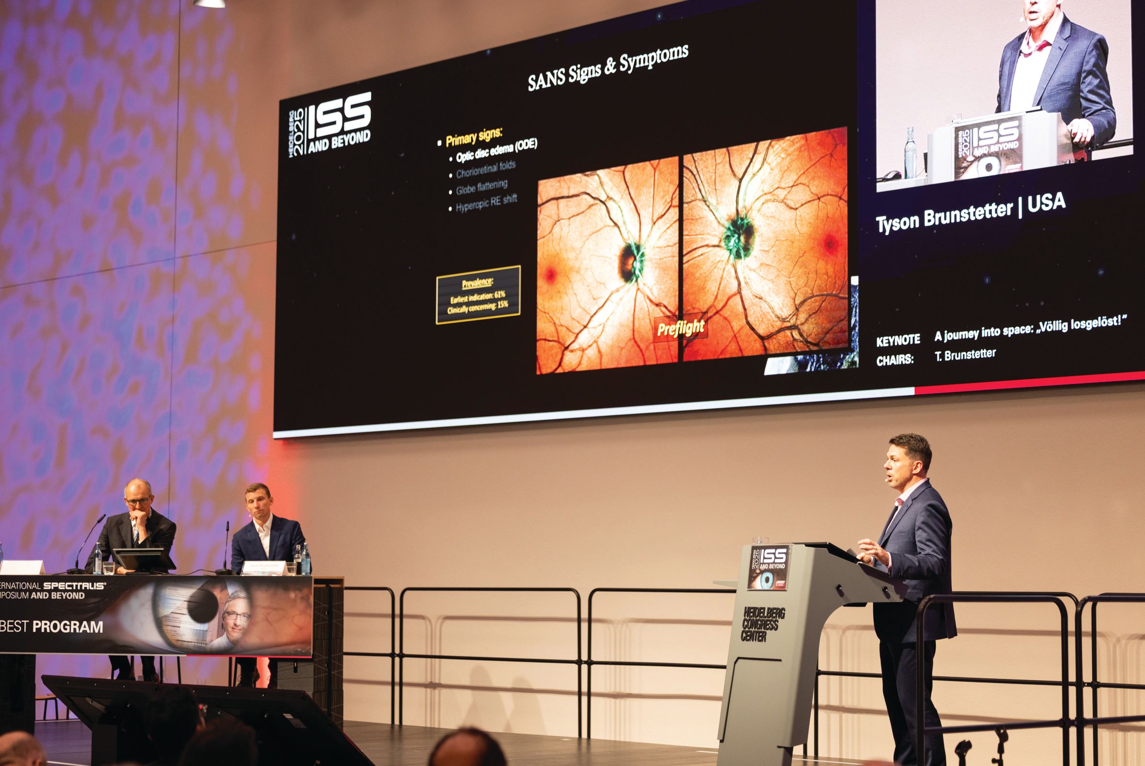 Tyson J. Brunstetter, MBA, OD, PhD, FAAO, FAsMA presents a keynote on spaceflight-associated neuro-ocular syndrome (SANS). (All images courtesy of Heidelberg Engineering)