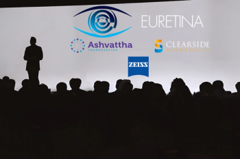A person stands in front of a white screen, facing an audience. The speaker and audience are visible in silhouette. Concept image for European Society of Retina Specialists (EURETINA) clinical trial data presentation. Logos courtesy of EURETINA, Ashvattha Therapeutics, Clearside Biomedical and Carl Zeiss Medical Technology. Background image courtesy of TezcanKemal, Getty Images. Created with Canva.