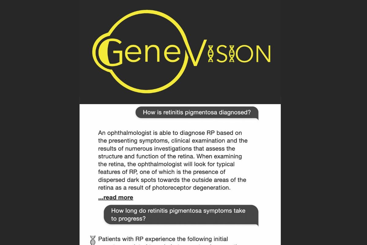 An image with the GeneVision logo and a screenshot of the GeneVision chatbot, which shows a patient's question about diagnosing retinitis pigmentosa. (Images courtesy of Mariya Moosajee, MBBS, BSc, PhD, FRCOphth)