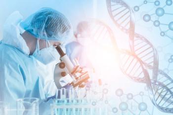 A scientist in a lab coat works at a microscope. On the right-hand side of the image, strands of sequenced DNA. Concept image for genome-wide association study in eye care, pseudodrusen and drusen, age-related macular degeneration, inherited eye ocular disease. ©Mongkolchon – stock.adobe.com