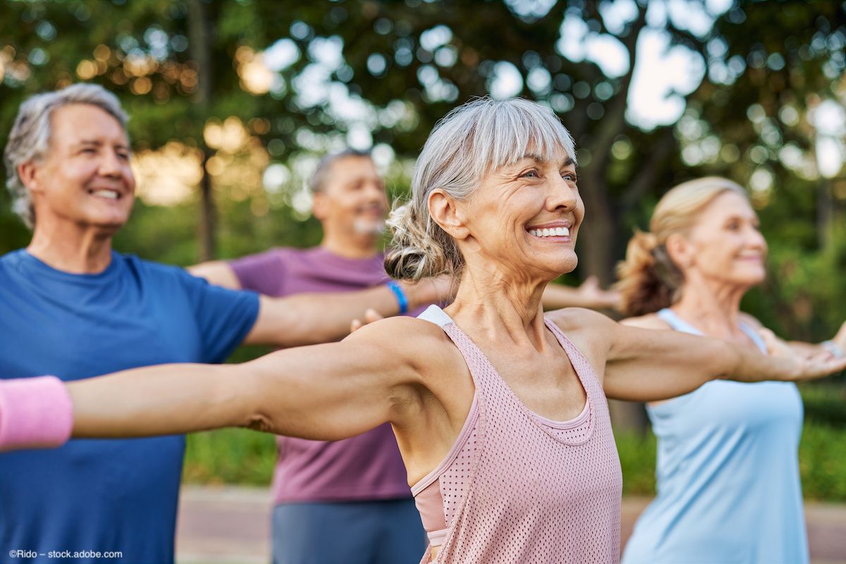 A group of older elderly people exercise outdoors. Concept image for dry eye disease and aging, demographics of Tear Film and Ocular Surface Society TFOS DEWS III Digest report. Image credit: ©Rido – stock.adobe.com