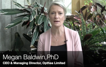 Megan Baldwin, PhD, CEO and managing director of Opthea Limited, speaking at ASRS 2023.