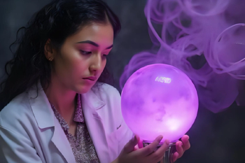A woman doctor in a lab coat looks into a crystal ball. The crystal ball is on a stand. The crystal ball is purple and glowing. There are mystic magical swirls in the background. Concept image for a realistic view of diabetes remission, future of GLP-1 medications and retinopathy. Image created with Canva AI.