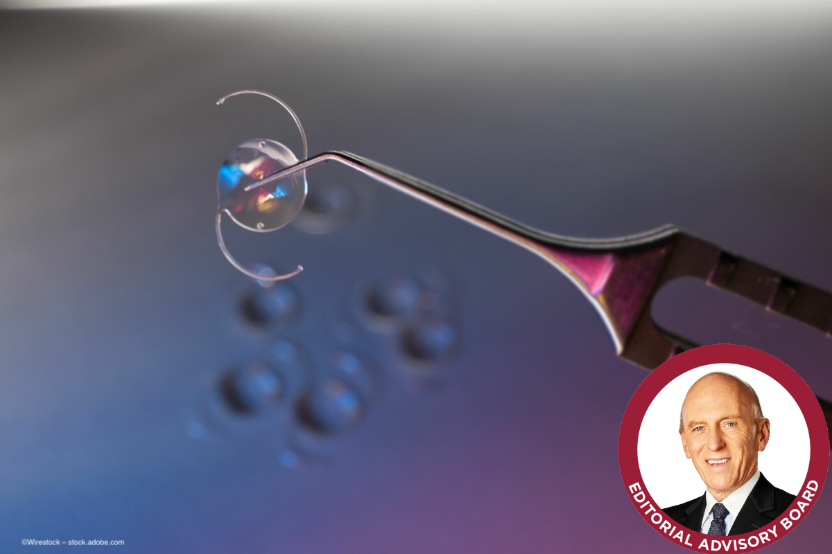 An image of an intraocular lens (IOL) being lifted with a surgical device. Accommodative intraocular lens concept image for cataract and refractive surgery. Image credit: ©Wirestock – stock.adobe.com. In the lower right hand side is a photo of Editorial Advisory Board member and article author Jorge L. Alió, MD, PhD, FEBOphth, courtesy of Professor Alió.
