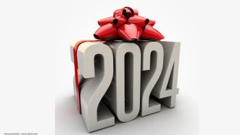 Block numbers spell the year 2024. The digits are wrapped in a red bow. The 3D numbers sit on a white background. ©vexworldwide – stock.adobe.com