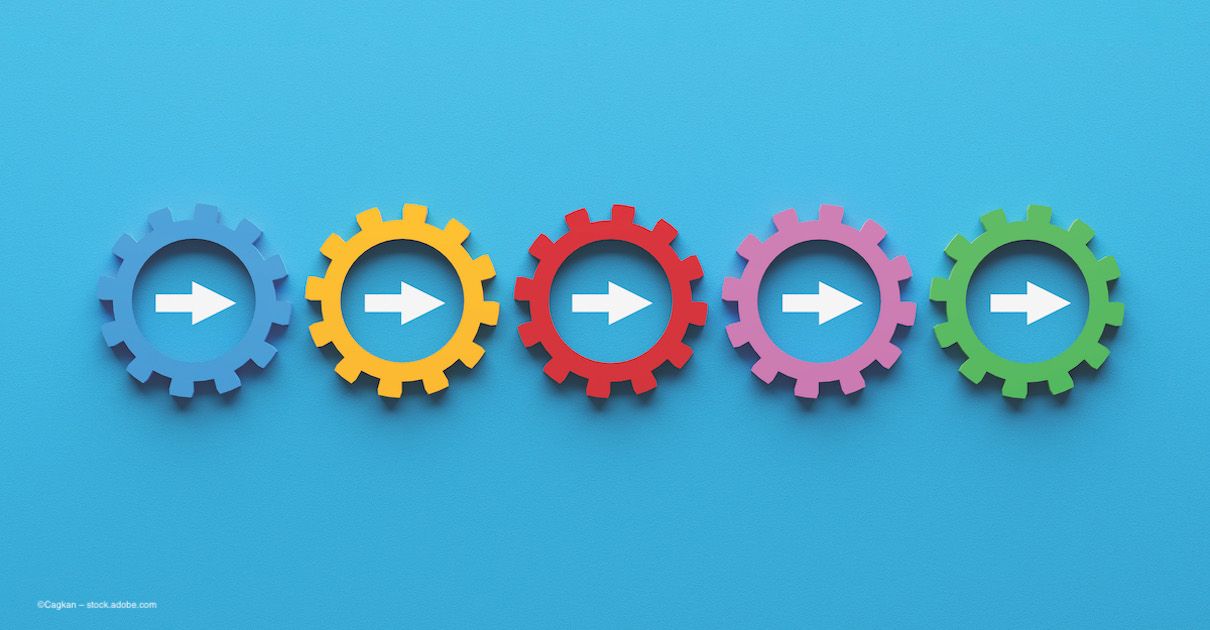 A series of gears with arrows pointing right in the center of each one. Concept image for five-step approach to dry eye disease. Image credit: ©Cagkan – stock.adobe.com