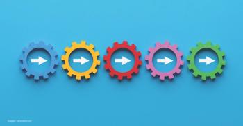 A series of gears with arrows pointing right in the center of each one. Concept image for five-step approach to dry eye disease. Image credit: ©Cagkan – stock.adobe.com