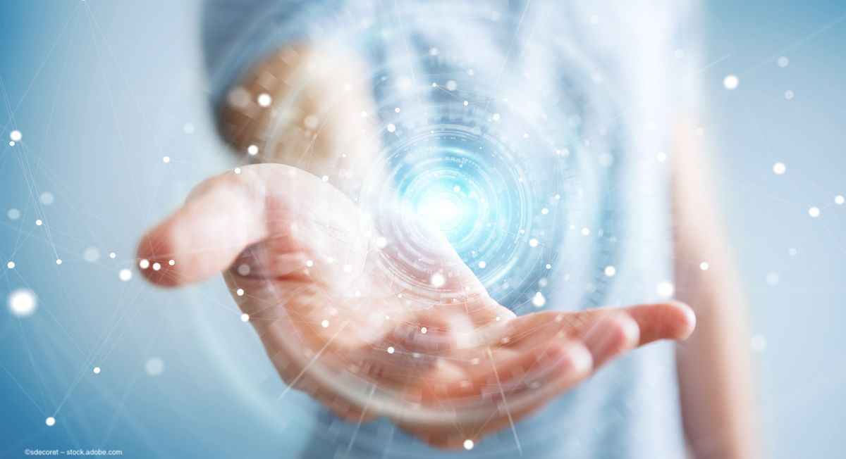 A person in scrubs holds their hand outstretched toward the camera. A digital overlay gives the impression that the doctor or clinician is offering information about the future of eye care and retinal health. Image credit: ©sdecoret – stock.adobe.com