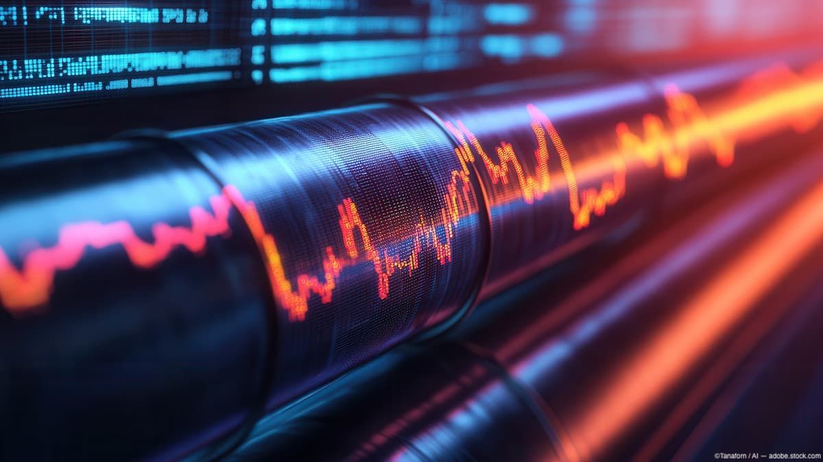 Graphic of stock values on oil pipeline Image credit: AdobeStock/Tanakorn/AI