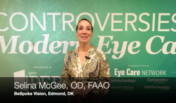 At CIME 2025, Selina McGee, OD, FAAO, says some patients underestimate oculoplastic care. She stands in front of a sign that says Controversies in Modern Eye Care 2025.