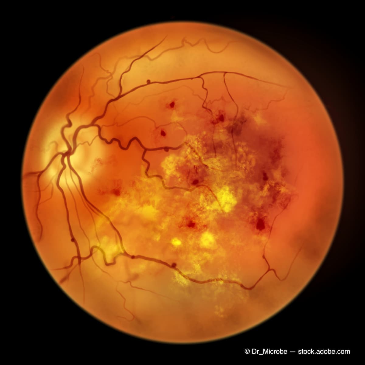 Diabetic retinopathy, ophthalmoscopic diagnosis, illustration (Adobe Stock / Dr_Microbe)