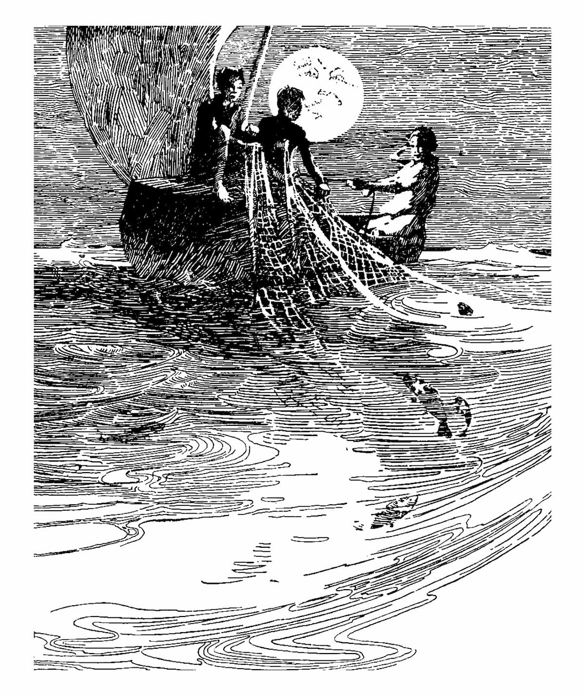 An illustration of the poem "Wynken, Blynken, and Nod," which narrates the nocturnal journey of 3 children. Image credit: AdobeStock/Morphart