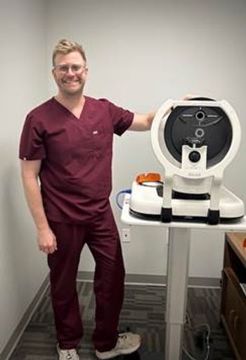 Stephan Dixon, MD, standing next to the MidWest Eye Center's Voyager DSLT device. Image credit: MidWest Eye Center