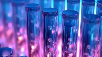 Test tube row. Concept of medical or science laboratory, liquid drop droplet with dropper in blue red tone background, close up, macro photography picture, AI Generated (Adobe Stock / Vladislava)