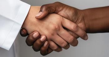 Doctor and patient shaking hands Image credit: JenniferToomy/MJHLifeSciencesusingAI