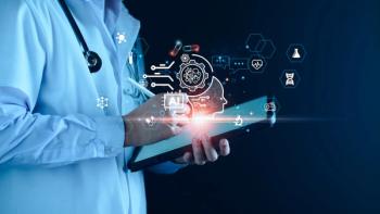 Physician on tablet with AI graphic Image credit: AdobeStock/LALAKA