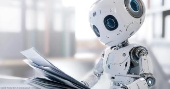 Graphic of white robot reading papers Image credit: JenniferToomey/MJHLifeSciencesusingAI