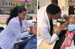 Kara Rickford Grimes, MS, and Chisom Madu, MS, use the Laroche Glaucoma Risk Calculator at a community screening program