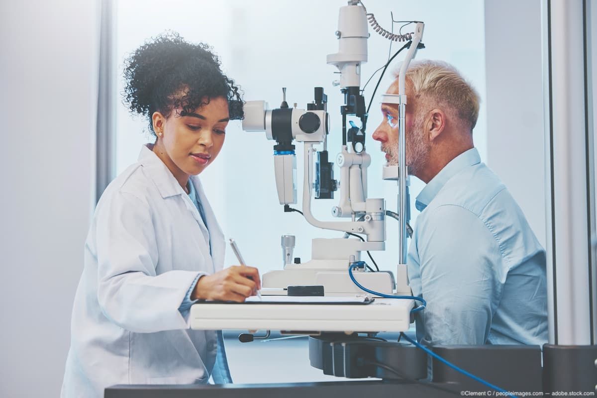 Physician conducting eye exam on patient Image credit: AdobeStock/ClementC/peopleimages.com