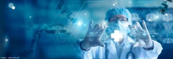 Medical profession in PPE in front of AI graphic Image credit: AdobeStock/ipopba