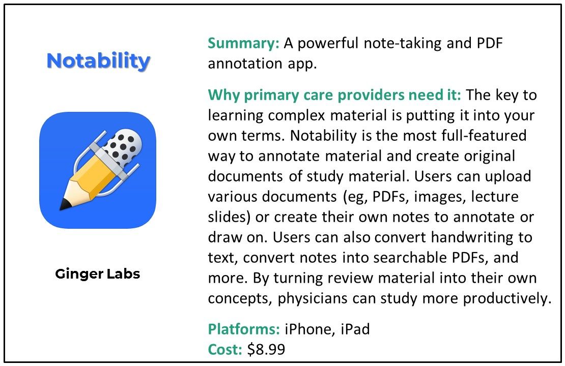 Notability app, top 5 board review apps for primary care physicians