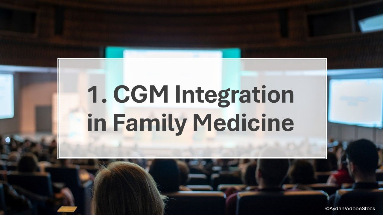 Slide summarizing FMX 2025 guidance on continuous glucose monitoring in primary care, highlighting clinical benefits and common barriers to CGM adoption.