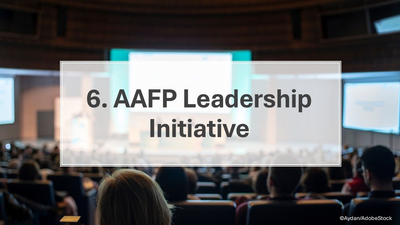 Slide describing new AAFP leadership priorities announced at FMX 2025, including strengthening community-based primary care and workforce advocacy