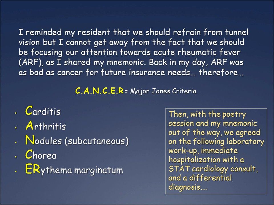 Symptoms of acute rheumatic fever: Carditis, Arthritis, Nodules (subcutaneous)