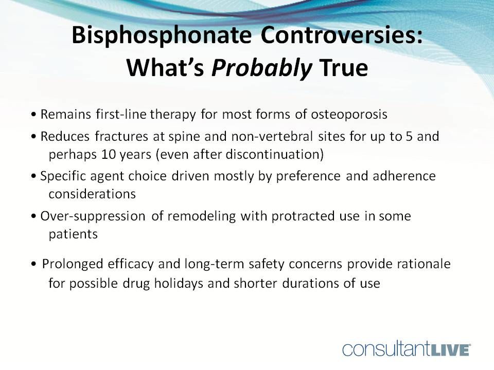 This slide lists statements that are probably true about bisphosphonates.