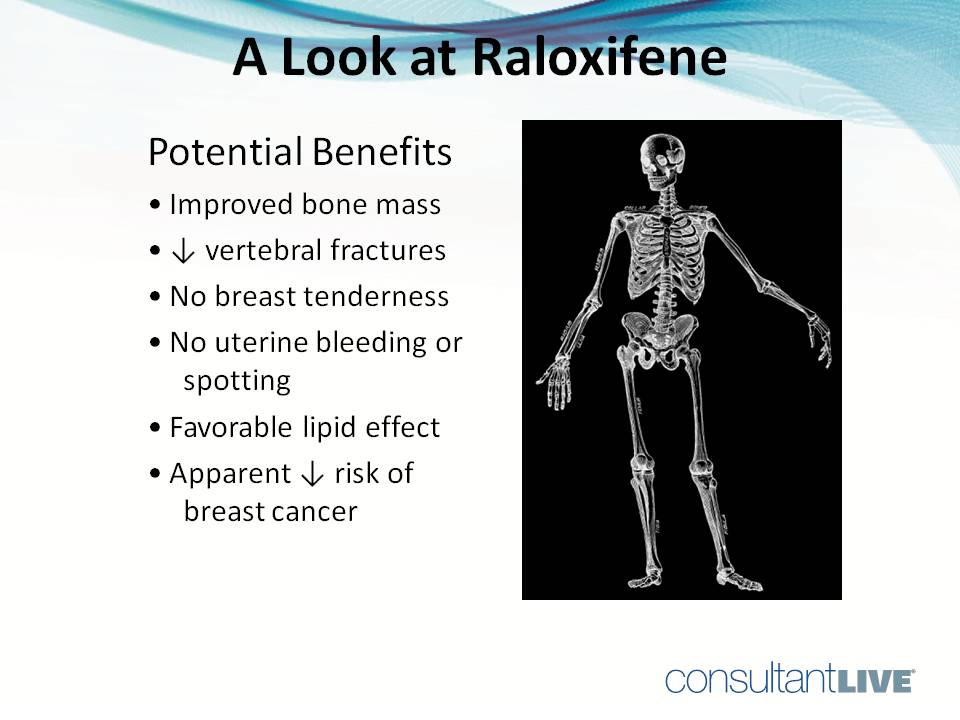 Among the potential benefits of raloxifene: improved bone mass.