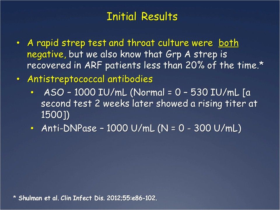 Test results for acute rheumatic fever.