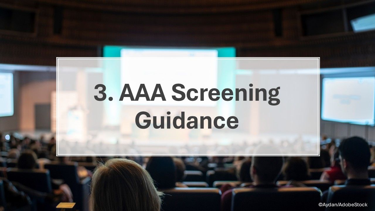 Slide outlining abdominal aortic aneurysm screening criteria reviewed at FMX 2025, including age groups, smoking history, surveillance intervals, and referral thresholds.