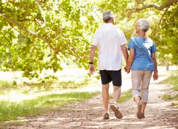 Senior couple walking together in the countryside, back view