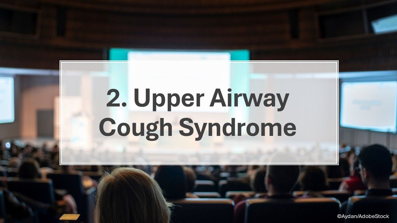 Slide describing FMX recommendations for diagnosing and managing upper airway cough syndrome, including red-flag symptoms and differentiation from asthma or GERD
