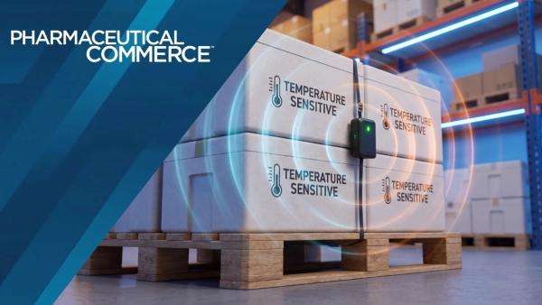 Smart cold chain tracking sensor on temperature sensitive cargo, wireless IoT monitoring device on pallet in logistics warehouse. | © Serena - stock.adobe.com 2172818324