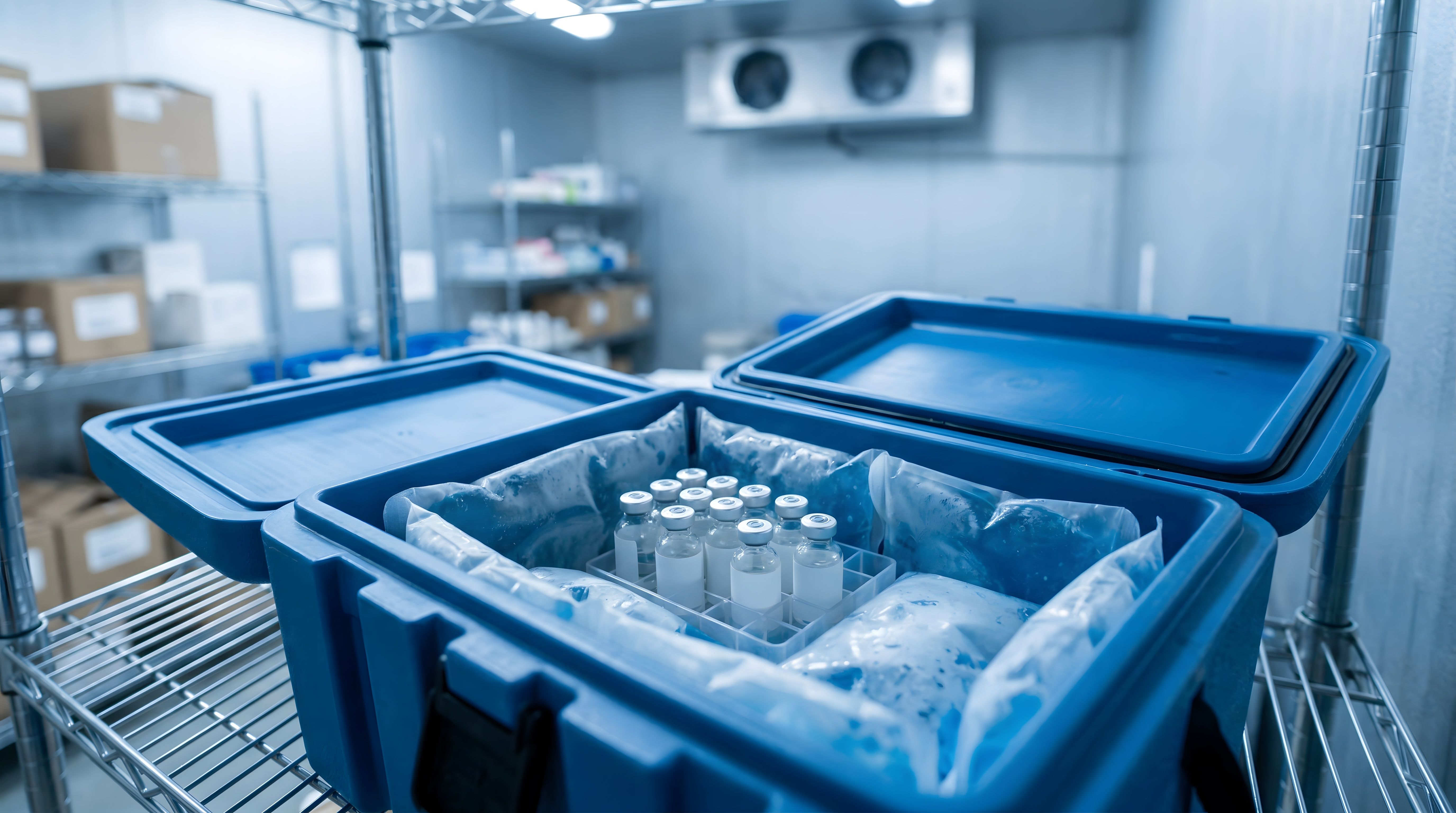 Open insulated vaccine transport box of medical cold chain storage with ice packs and vial containers | © AlignedArt - stock.adobe.com