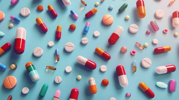 A different of colorful pills and capsules scattered on a light blue surface. Pharmaceutical industry, rising prices of drugs, drug production, shortage of drugs in pharmacies | © Natalia S. - stock.adobe.com 1055460238