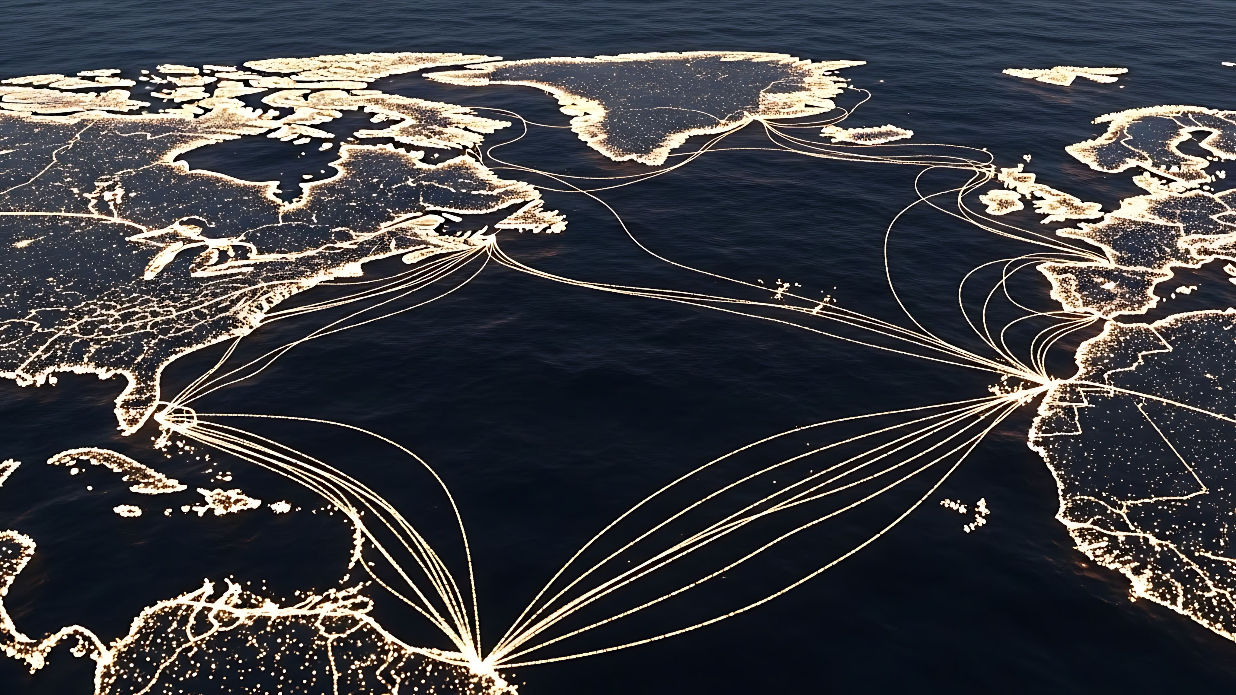 Global network connecting continents with glowing lines across the ocean, symbolizing international communication and connectivity in a modern world. | Kevin - Stock.adobe.com