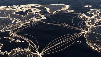 Global network connecting continents with glowing lines across the ocean, symbolizing international communication and connectivity in a modern world. | Kevin - Stock.adobe.com